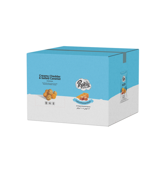 POPLAY Creamy Cheddar & Salted Caramel Popcorn – 12 Pack Box
